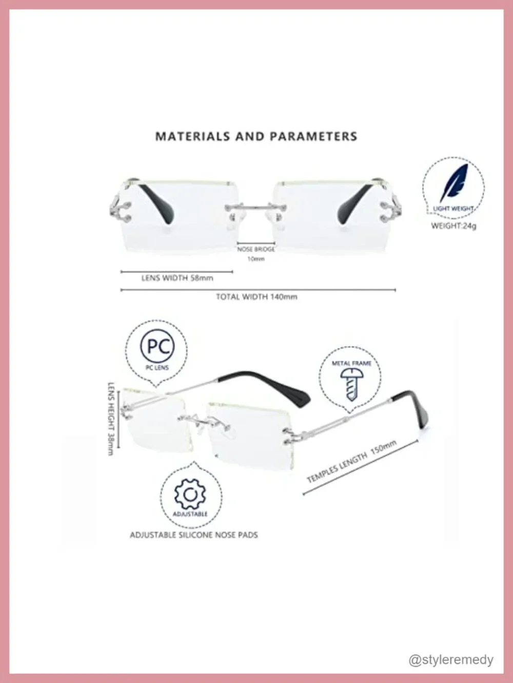 Silver Metal Rimless Retro Rectangle Sunglasses UV400 Protection